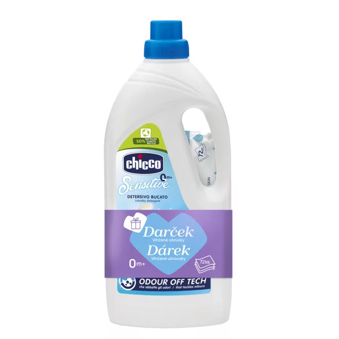 Chicco Gyermek Mosószer Sensitive 1.5L (27 Mosás) + Nedves Törlőkendő 72db Ingyen - Kíméletes Baba Ruhatisztításhoz és Friss Illathoz