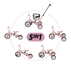   Petite & Mars Multifunkciós 5 az 1-ben Turbo Tricikli - Limitált Pink Rosy Wilderness - Mozgásfejlesztéshez Stabil és Vidám Kinti Kalandokhoz