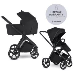Easywalker Zoey Go Pure Black Kombinált Babakocsi – 22kg-ig, UPF50+ Kupolával és Összecsukható Mózeskosárral
