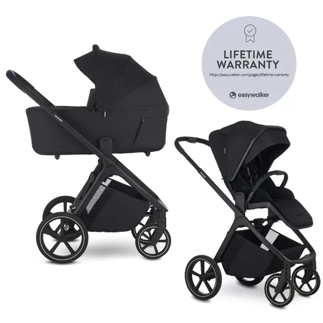 Easywalker Zoey Go Pure Black Kombinált Babakocsi – 22kg-ig, UPF50+ Kupolával és Összecsukható Mózeskosárral