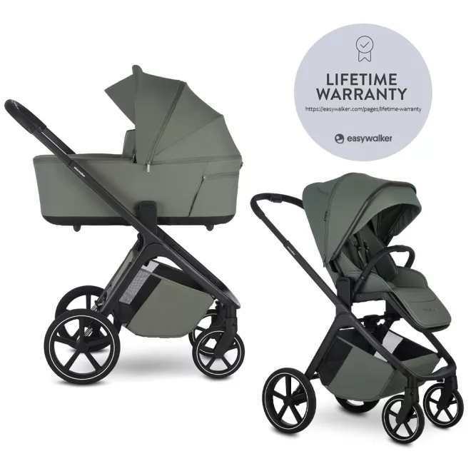 Easywalker Zoey Go Mineral Green Kombinált Babakocsi – 22kg-ig, UPF50+ Kupolával és Összecsukható Mózeskosárral