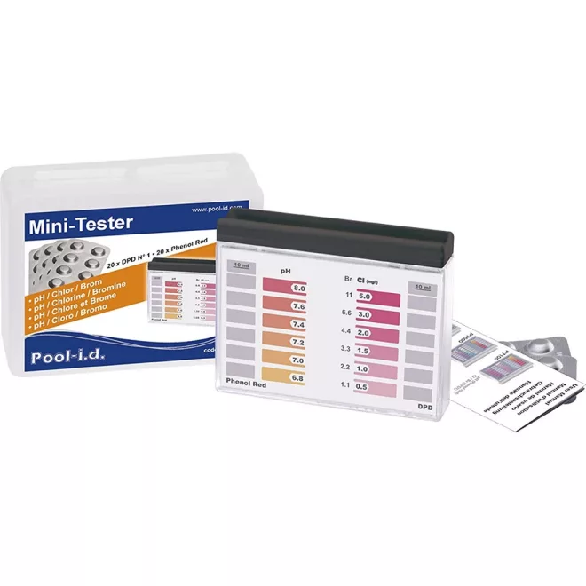 Water ID PoolTester PTM100 Mini Vízelemző Készülék - Kompakt Tablettás Teszt pH és Klór vagy Bróm Szint Méréséhez Medencékhez és Fürdővizekhez