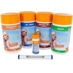   Steinbach Aquacorrect Medence Induló Vegyszerkészlet - Teljes Kezdő Csomag Klóros Fertőtlenítéshez, pH Szabályozáshoz és Algásodás Megelőzéséhez, Kis és Közepes Medencékhez