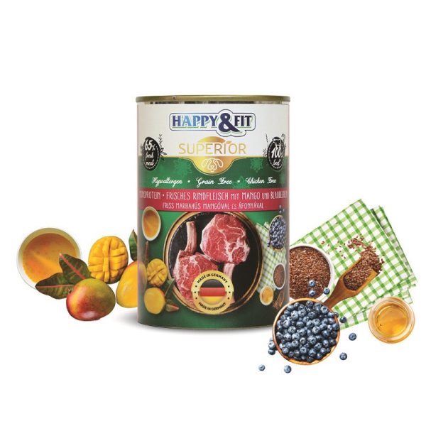 Happy & Fit Superior Dog Kutyatáp Konzerv Friss Marhahús Mangóval Áfonyával 400g