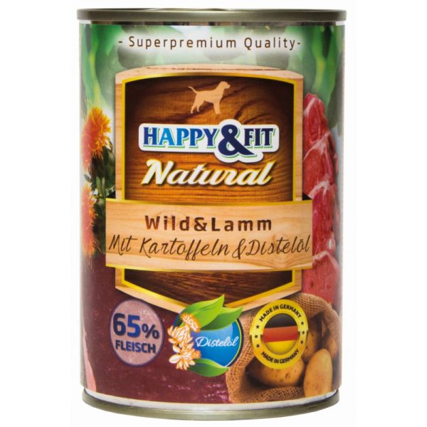 Happy & Fit Natural Dog Kutyatáp Konzerv Vadhús-Bárány Burgonyával és Sáfrányolajjal 400g