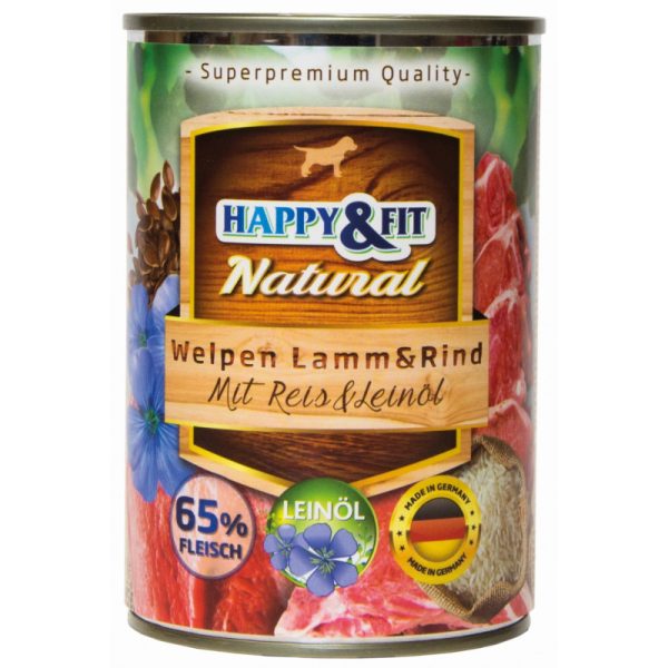 Happy & Fit Natural Dog Kutyatáp Konzerv Junior Bárány-Marha Rizzsel és Lenmagolajjal 400g