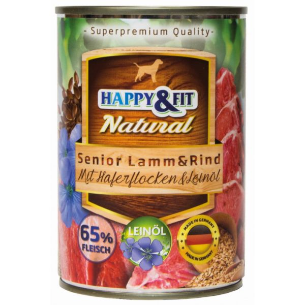 Happy & Fit Natural Dog Kutyatáp Konzerv Senior Bárány-Marha Zabliszttel és Lenmagolajjal 400g