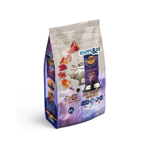 Happy & Fit Superior Hipoallergén Kutyatáp Friss Marha Strucc Vízibivaly Sütőtökkel 2.5kg