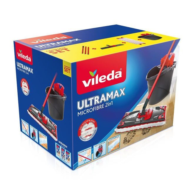 Vileda Ultramax Complete Set Felmosó Szett Felmosó és Vödör Mikroszálas és Koptatószálas 2 az 1-ben Mosóhuzat - Hatékony Felmosás minden Háztartásban