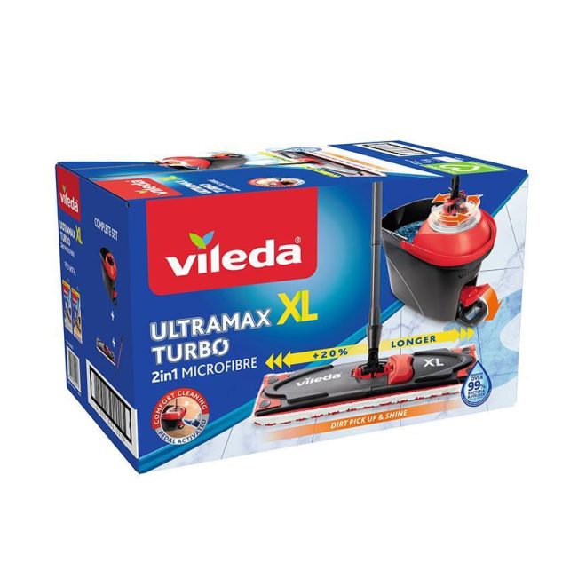 Vileda Ultramax xL Turbo Felmosó Szett Teleszkópos Nyél Vödörrel Pedálos Csavarókosár Mikroszálas Lapos Felmosó Pótfejjel - Hatékony Felmosás minden Háztartásban