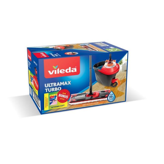 Vileda Ultramax Turbo+Actifibre Soft Kendő Felmosó Szett Pedálos Vödörrel 36x14cm Fej Háromrészes Teleszkópos Nyél - Hatékony Felmosás minden Háztartásban