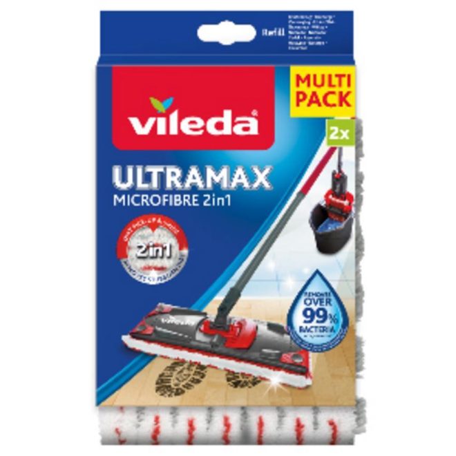Vileda Ultramax Microfibre 2 az 1-ben Felmosó Huzat 2db Mikroszálas 60 °C-On Mosható Kemény Padlókhoz - Hatékony Felmosás minden Háztartásban