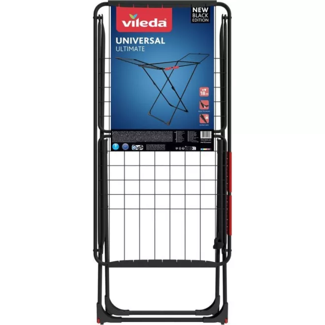 Vileda Universal Ultimate Ruhaszárító 18 Méter Szárítási Terület Fekete x-Alakú Vázzal Kinyitható Szárnyakkal Összecsukható Kialakítással - Praktikus Szárítás és Helytakarékos Tárolás