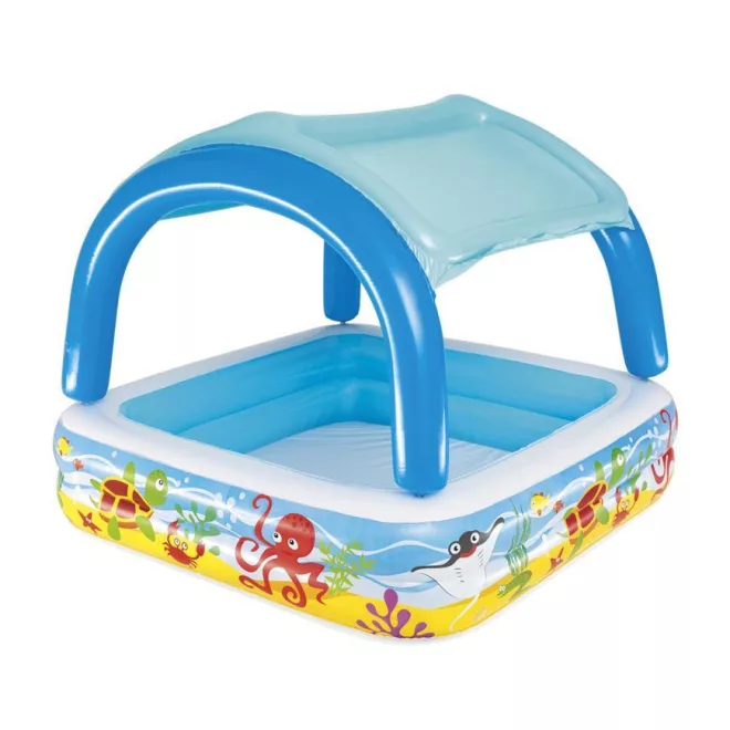 Bestway Coral Reef Felfújható Gyermekmedence Tetővel 147x147x122cm (52192) - Árnyékolós Pancsoló Vidám Korallzátony Mintával Kicsiknek Kerti Használatra