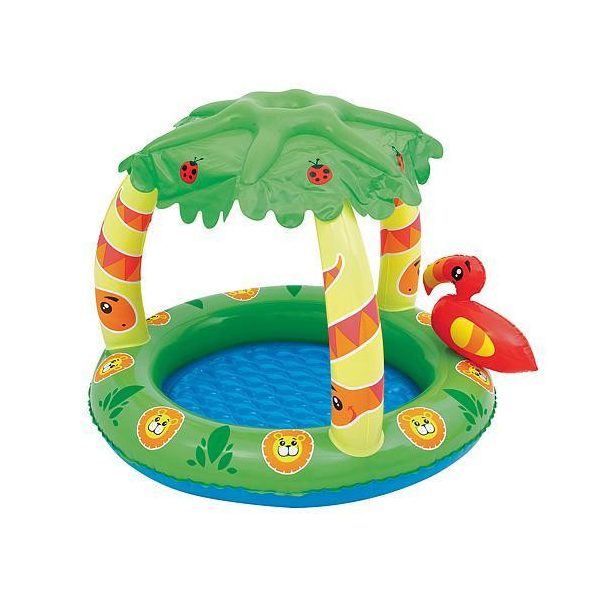 Bestway Friendly Jungle Play Pool Felfújható Gyermekmedence 99x91x71cm (52179) - Vidám Dzsungel Mintás Pancsoló Kicsiknek, Árnyékolóval és Játéktérrel