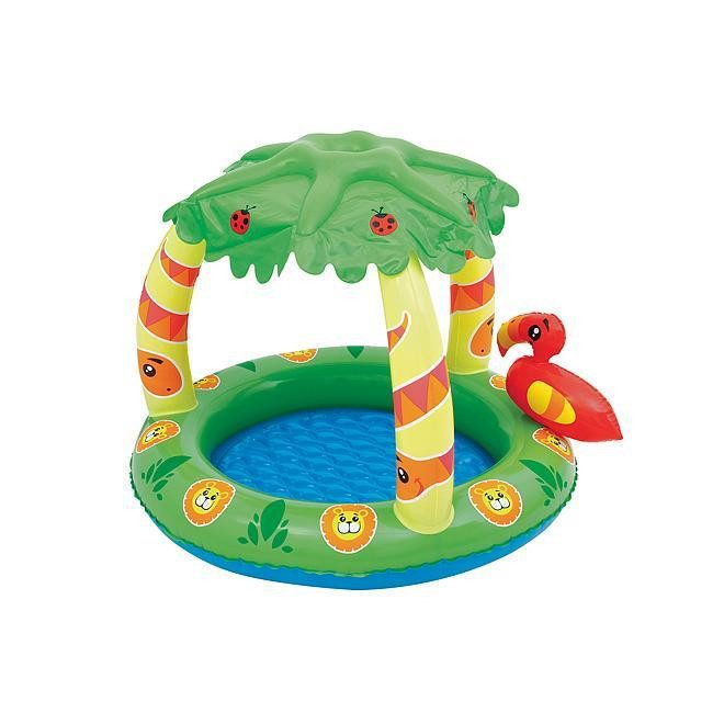Bestway Friendly Jungle Play Pool Felfújható Gyermekmedence 99x91x71cm (52179) - Vidám Dzsungel Mintás Pancsoló Kicsiknek, Árnyékolóval és Játéktérrel