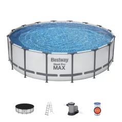   Bestway Steel Pro Max Csővázas Medence Szett 488x122cm Papírszűrővel, Létrával és Takaróponyvával - Kényelmes Családi Fürdőzéshez és Egyszerűbb Vízkezeléshez (Bestway 5612Z)