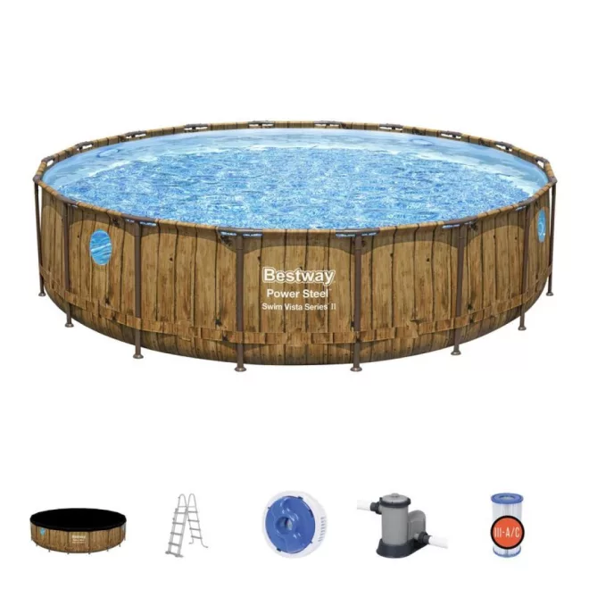 Bestway Power Steel Csővázas Medence Szett 549x122cm Papírszűrővel, Létrával, Takaróponyvával és ChemConnect Adagolóval - Kényelmes Családi Fürdőzéshez és Egyszerűbb Vízkezeléshez (Bestway 56977)