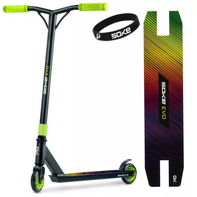 Soke Evo Kaszkadőr Roller Fekete/Zöld - 83cm, 10cm 88A Pu Kerekek, ABEC-9 Csapágy, Y Kormány, Flex Fender Fék, Tripla Alumínium Bilincs, Maximum 100kg