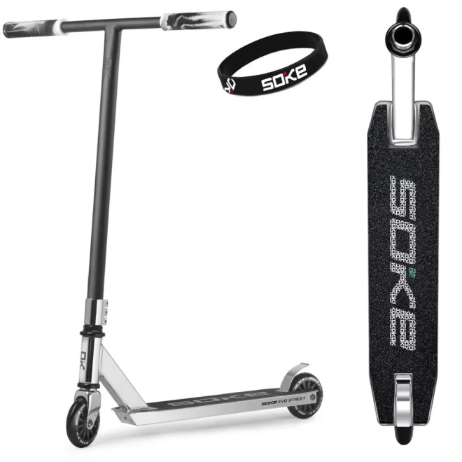 Soke Evo Street Kaszkadőr Roller Ezüst - 85cm, 10cm 88A Pu Kerekek, ABEC-9 Csapágy, 360°-Ban Forgó T-Kormány, Flex Fender Fék, Maximum 100kg