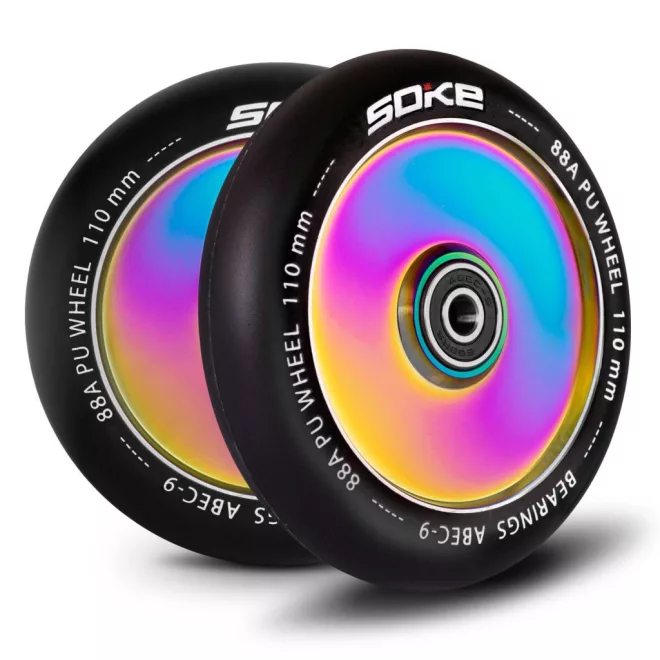 Soke Roller Kerék Szett 11cm - Neokróm, Teljes, 2db, ABEC-9 Csapágy, 88A Keménység, Alumínium + PU, 0.8cm Tengely