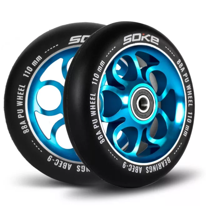 Soke Roller Kerék Szett 11cm - Kék, 2db, ABEC-9 Csapágy, 88A Keménység, Alumínium + PU, 0.8cm Tengely
