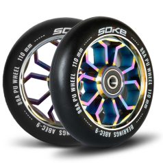   Soke Roller Kerék Szett 11cm - Neokróm, 2db, ABEC-9 Csapágy, 88A Keménység, Alumínium + PU, 0.8cm Tengely