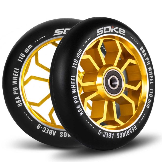 Soke Roller Kerék Szett 11cm - Arany, 2db, ABEC-9 Csapágy, 88A Keménység, Alumínium + PU, 0.8cm Tengely