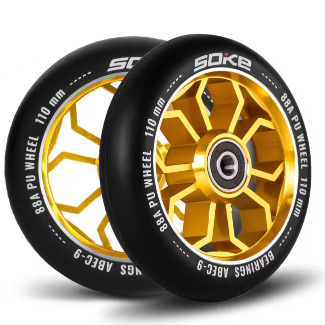 Soke Roller Kerék Szett 11cm - Arany, 2db, ABEC-9 Csapágy, 88A Keménység, Alumínium + PU, 0.8cm Tengely