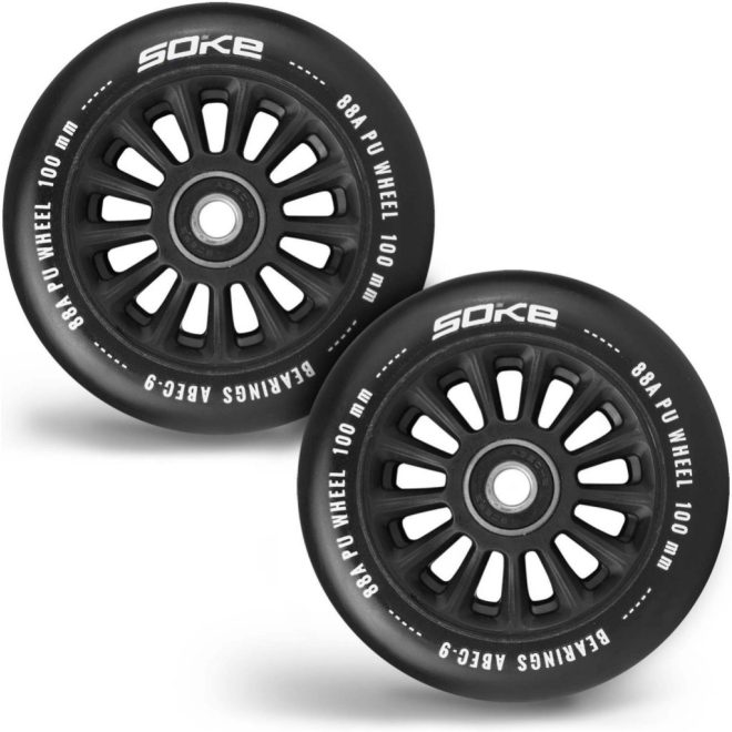Soke Roller Kerék Szett 10cm - Fekete, 2db, ABEC-9 Csapágy, 88A Keménység, Alumínium + PU, 0.8cm Tengely