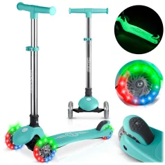   Ricokids Glow Háromkerekű Roller Türkiz - Led Világítás a Kerekekben, Sötétben Világító Állófelület, Balanszos Irányítás, Állítható Alumínium Kormány, EN 71, Maximum 50kg