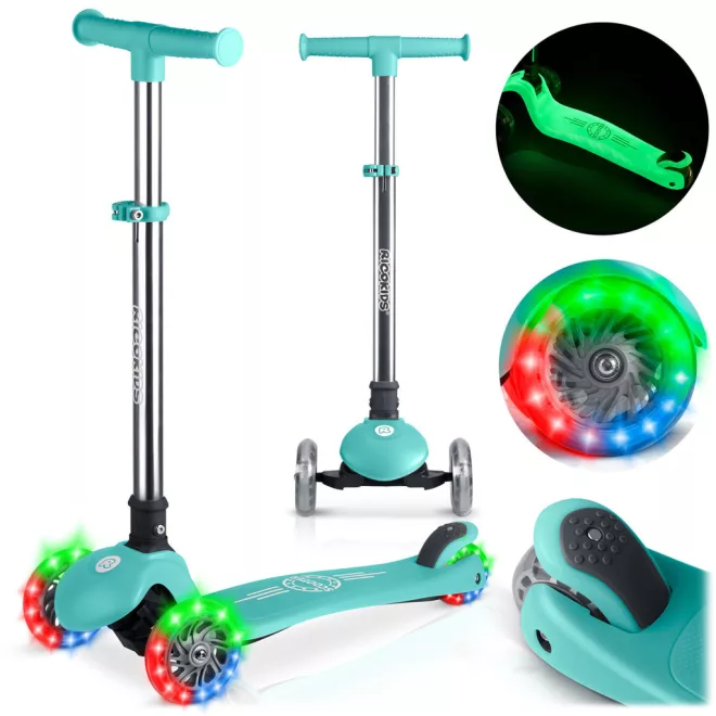 Ricokids Glow Háromkerekű Roller Türkiz - Led Világítás a Kerekekben, Sötétben Világító Állófelület, Balanszos Irányítás, Állítható Alumínium Kormány, EN 71, Maximum 50kg