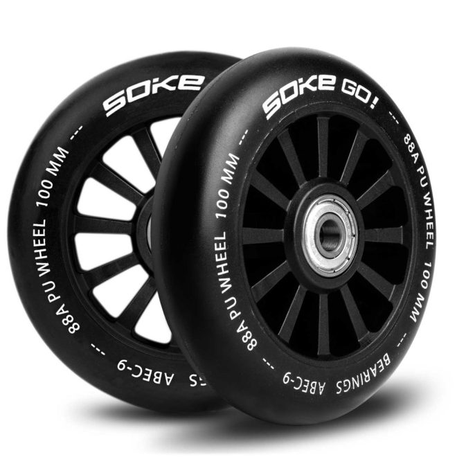 Soke Roller Kerék Szett Fekete - 10cm, 2db, ABEC-9 Csapágy, 88A Keménységű PU, 0.8cm Tengely