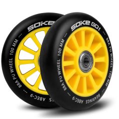   Soke Roller Kerék Szett Sárga - 10cm, 2db, ABEC-9 Csapágy, 88A Keménységű PU, 0.8cm Tengely