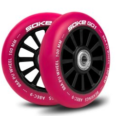  Soke Roller Kerék Szett 10cm - Rubinvörös, 2db, ABEC-9 Csapágy, 88A Keménység, Alumínium + PU, 0.8cm Tengely
