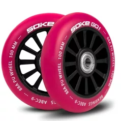  Soke Roller Kerék Szett 10cm - Rubinvörös, 2db, ABEC-9 Csapágy, 88A Keménység, Alumínium + PU, 0.8cm Tengely