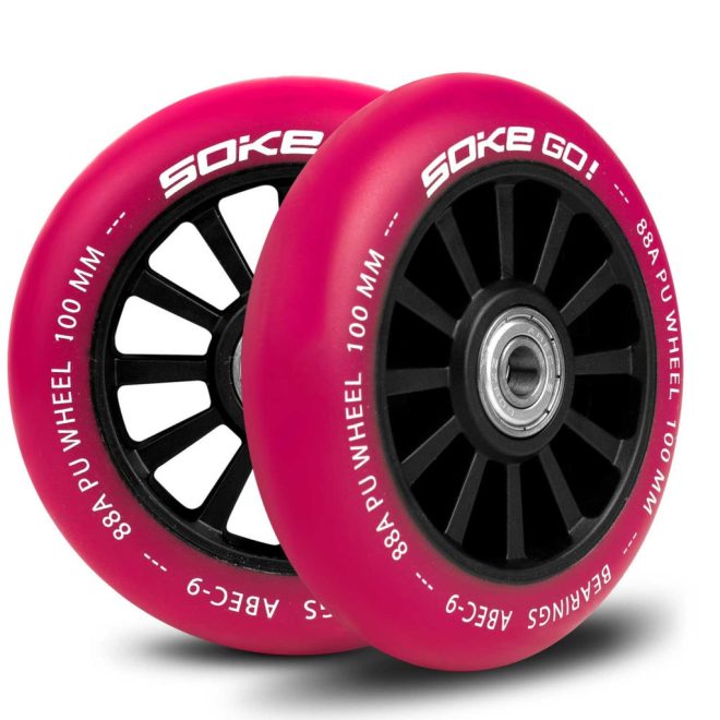 Soke Roller Kerék Szett 10cm - Rubinvörös, 2db, ABEC-9 Csapágy, 88A Keménység, Alumínium + PU, 0.8cm Tengely