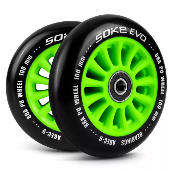 Soke Roller Kerék Szett Zöld - 10cm, 2db, ABEC-9 Csapágy, 88A Keménységű PU, 0.8cm Tengely