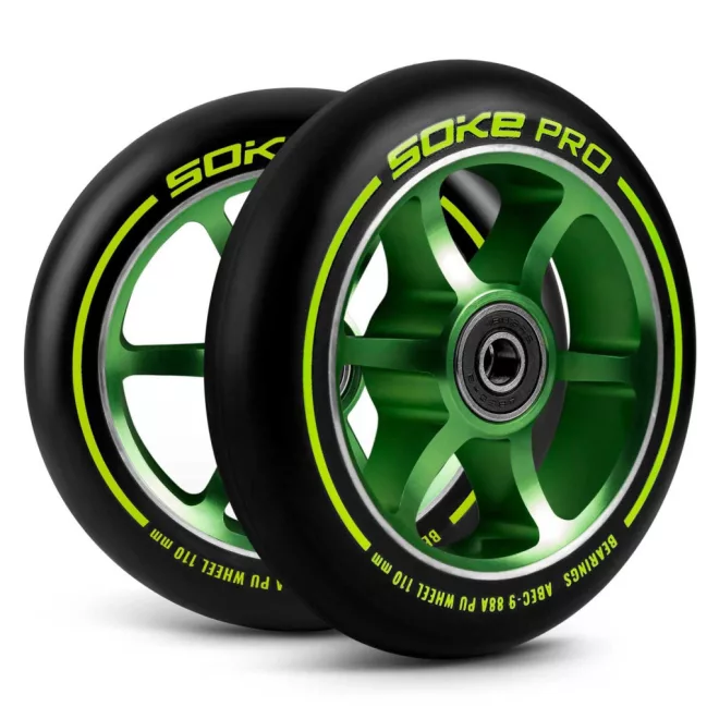 Soke Roller Kerék Szett Zöld - 11cm, 2db, ABEC-9 Csapágy, 88A Keménységű PU, 0.8cm Tengely