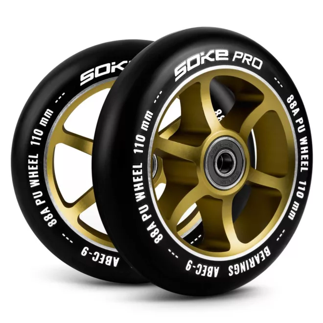 Soke Roller Kerék Szett Arany - 11cm, 2db, ABEC-9 Csapágy, 88A Keménységű PU, 0.8cm Tengely
