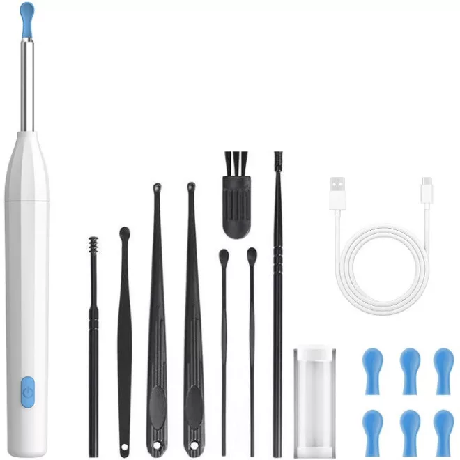 Wooze Visual Ear Cleaner Elektromos Fültisztító Készlet Fehér - HD Kamerás Otoszkóp, WiFi Kapcsolattal és LED Világítással, Precíz és Biztonságos Fültisztításhoz