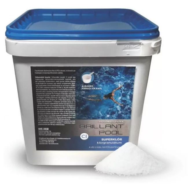 Brillant Pool Super Klórgranulátum 55% - 5kg Gyorsan Oldódó Fertőtlenítőszer Medencékhez Algásodás és Baktériumok Ellen, Tiszta és Higiénikus Vízért