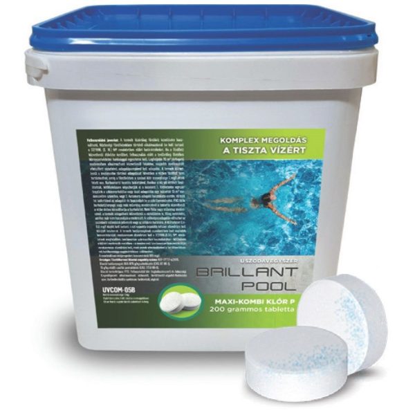 Brillant Pool Maxi-Kombi Klórtabletta "P" 95% - 5kg (200g Tabletták) Többfunkciós Fertőtlenítő Medencékhez Algásodásgátlóval és Pelyhesítő Hatással