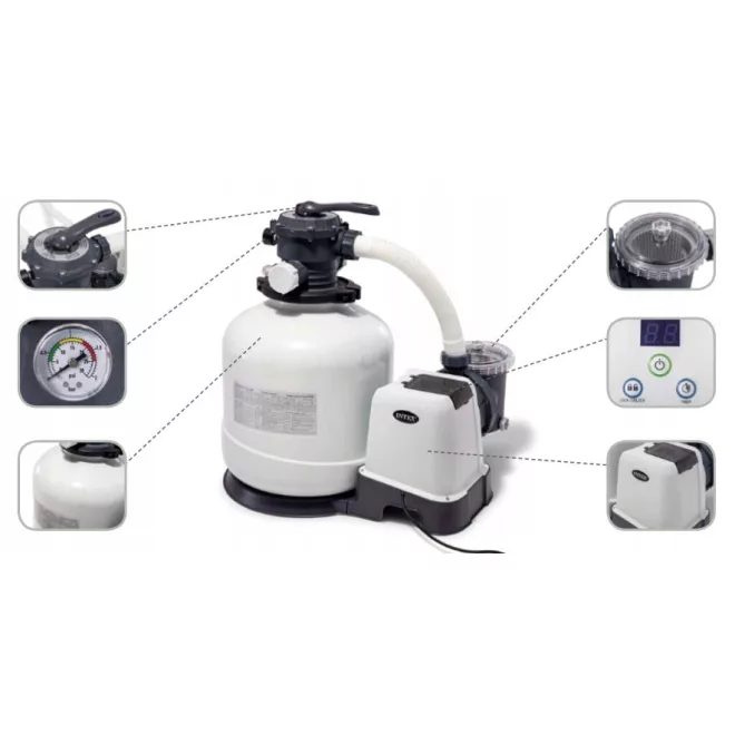 Intex KrystalSand Homokszűrős Vízforgató 6m³/h Beépített Sóbontóval (26676) - ECO Technológiás Klórgenerátorral Kombinált Szűrőrendszer Föld Feletti Medencékhez